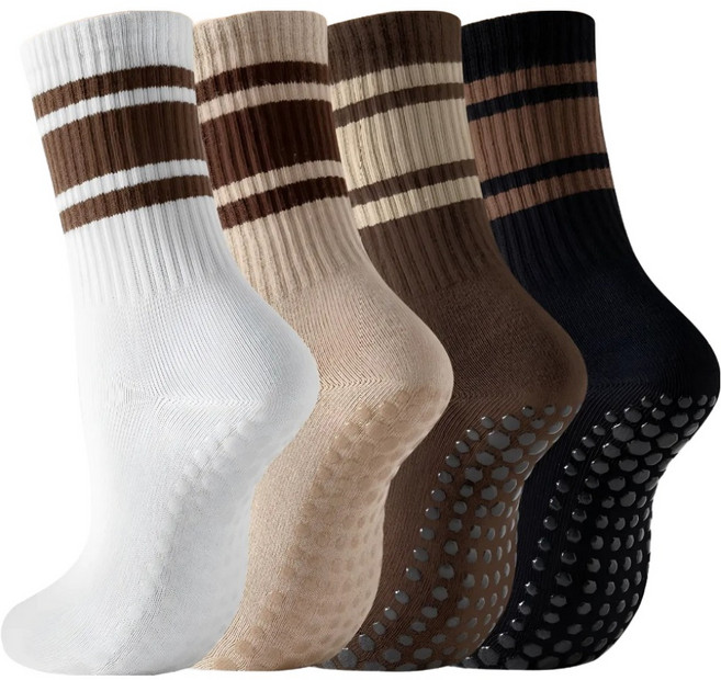 하키리 여성용 논슬립 줄무늬 요가 필라테스 양말 4개