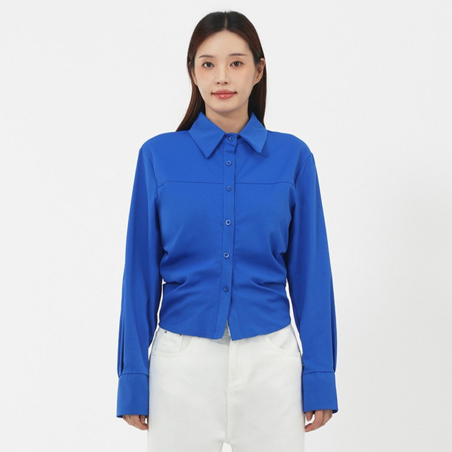 엘쏘 여성용 언밸런스 커팅 셔링 라인 슬림핏 셔츠