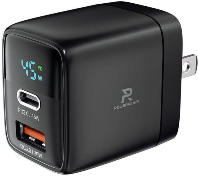 POWERRIDER 45W GaN氮化鎵 雙孔數顯快速充電器 Z4, 黑色, 1個