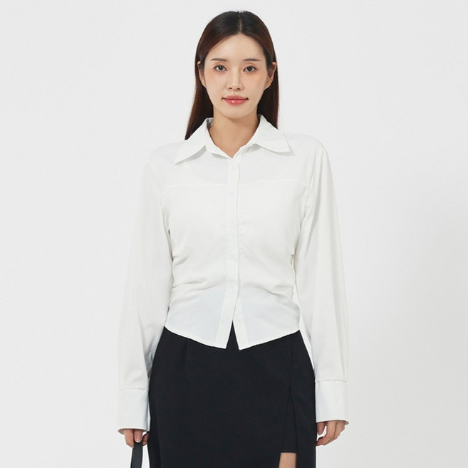 엘쏘 여성용 언밸런스 커팅 셔링 라인 슬림핏 셔츠