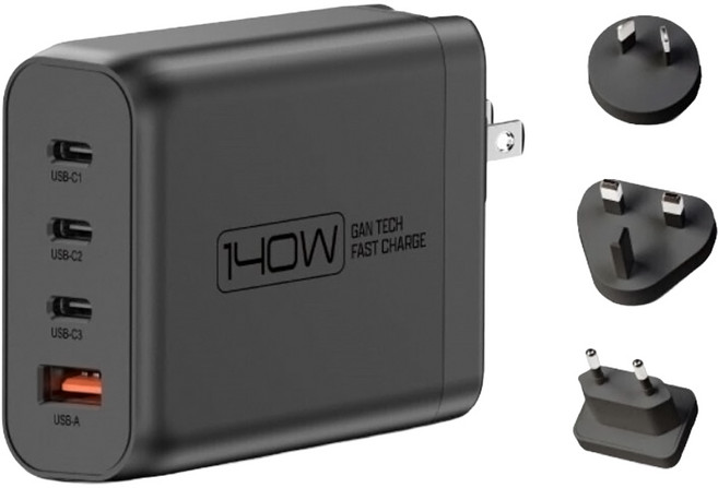 POLYWELL 寶利威爾 140W電源供應器 三Type-C單USB-A 附多國轉接 可充筆電 PW15-T05-A106, 黑色, 1個