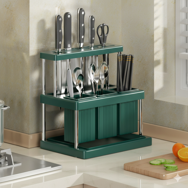 쿠쏘 대용량 물빠짐 수저통 칼꽂이 23 x 25 x 16 cm, 그린 + 실버, 1개