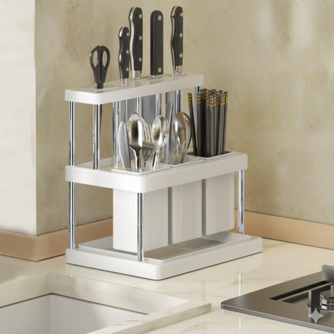 쿠쏘 대용량 물빠짐 수저통 칼꽂이 23 x 25 x 16 cm, 화이트 + 실버, 1개