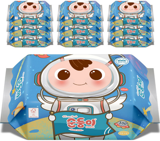 순둥이 베이직 엠보싱 에디션 물티슈 캡형, 10개, 100매, 55g