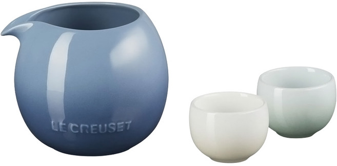 LE CREUSET 花蕾系列清酒壺組 藍色迷霧 + 蛋白霜 + 湖水綠, 1套, 壺 + 杯 2個