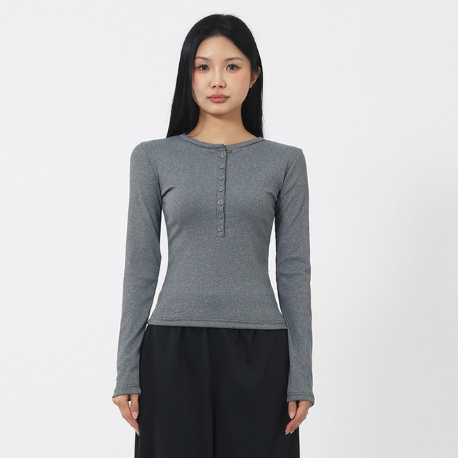 엘쏘 여성용 슬림핏 헨리넥 긴팔 티셔츠