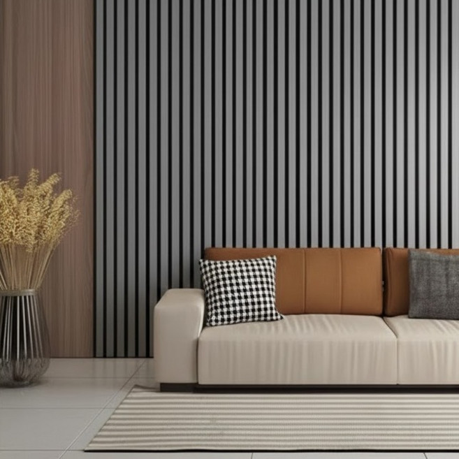 用膠水黏貼的條紋壁板泡棉壁紙 60cm x 3m, 鵝卵石灰, 1個