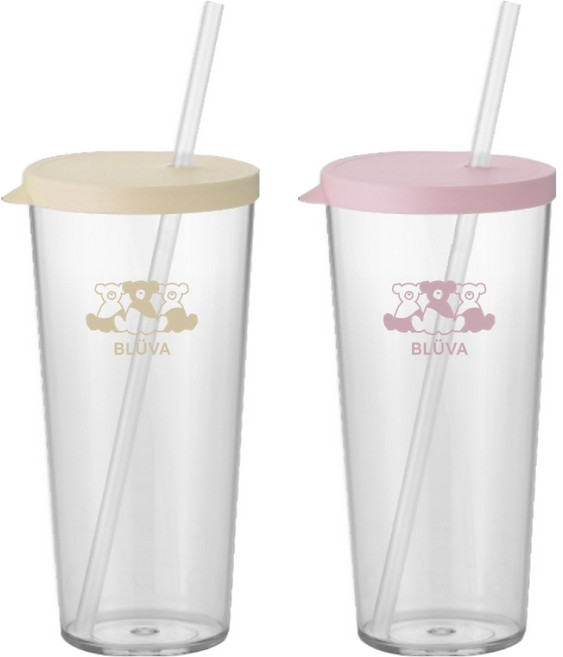 블루바 트라이탄 투명 심플 빨대 텀블러 670ml x 2종 세트, 아이보리 옐로우, 파스텔 핑크, 1세트