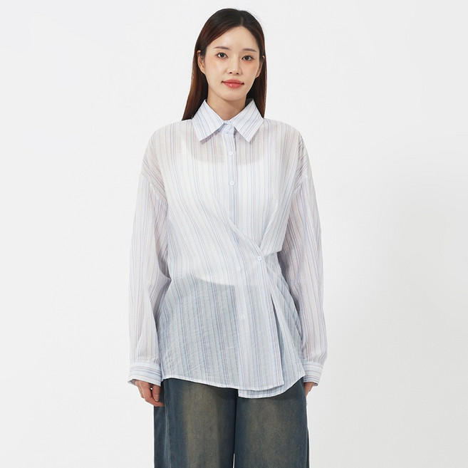 엘쏘 여성용 멀티 컬러 스트라이프 랩 투웨이 오버핏 셔츠