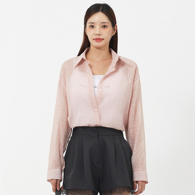 엘쏘 여성용 시어 호피 패턴 시스루 루즈핏 긴팔 셔츠