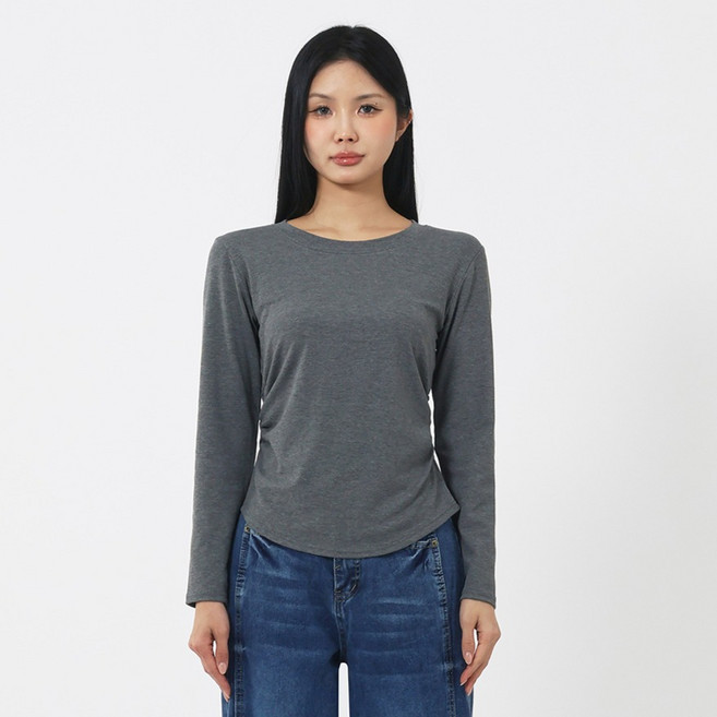 엘쏘 여성용 옆셔링 슬림 스판 라운드 패션 긴팔 티셔츠
