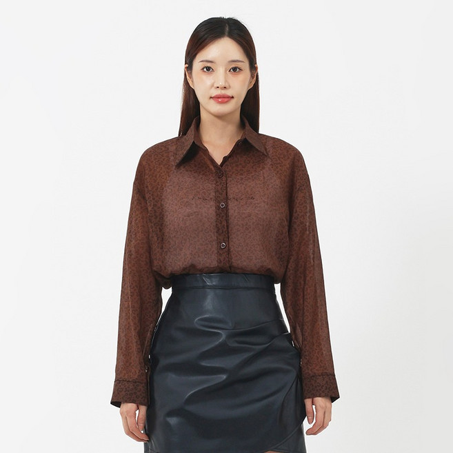 엘쏘 여성용 시어 호피 패턴 시스루 루즈핏 긴팔 셔츠