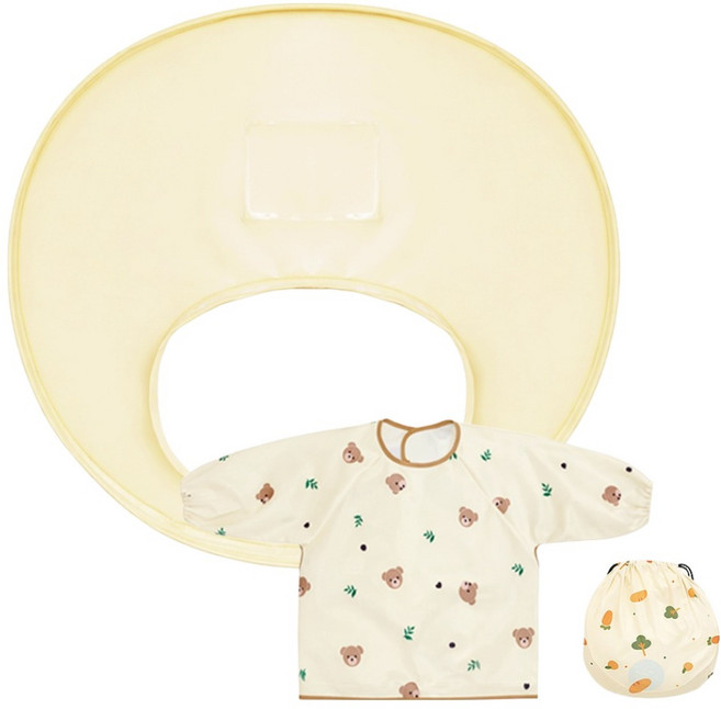 더마더 자기주도 이유식매트 라운드 + 긴팔 턱받이 + 보관가방 세트, 버터밀크(매트), 버터베어(턱받이), 1세트
