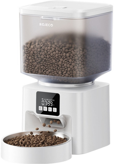 로제코 반려동물 버튼형 자동급식기, 1개, 화이트 + 투명, 4.5L