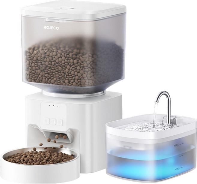 로제코 반려동물 와이파이 앱지원 자동급식기 + 급수기 세트, 1세트, 화이트 + 투명, 4.5L