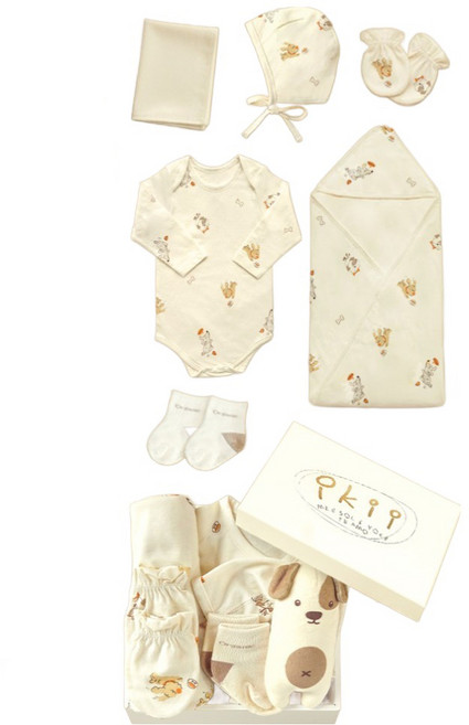 ikii 오가닉 긴소매 바디수트 출산 선물 7종 세트 + 쇼핑백