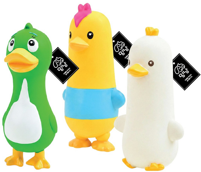 멍냥 강아지 만화 라텍스 삑삑이 장난감 닭 + 오리+ 거위 세트, 옐로우, 그린, 화이트, 1세트