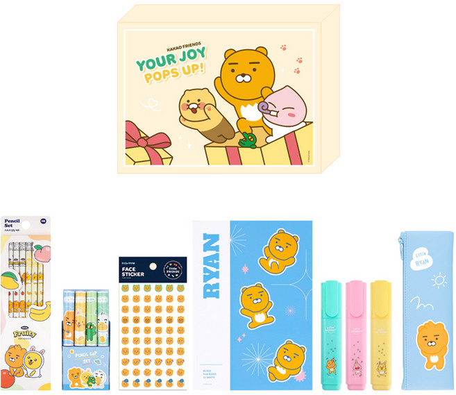 카카오프렌즈 신학기 입학 졸업 학교 준비물 구백 A 문구 세트 라이언, 블루(연필캡 세트), 랜덤발송(KF 스티커), 1세트
