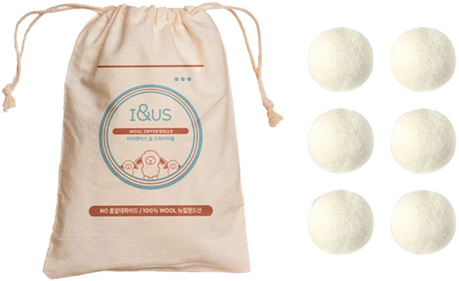 아이앤어스 건조기볼 뉴질랜드산 울 드라이어볼 6p + 파우치 세트, 1세트, 화이트