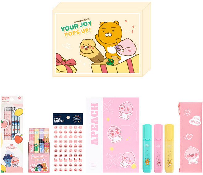 카카오프렌즈 신학기 입학 졸업 학교 준비물 구백 A 문구 세트 어피치, 핑크(연필캡 세트), 랜덤발송(KF 스티커), 1세트