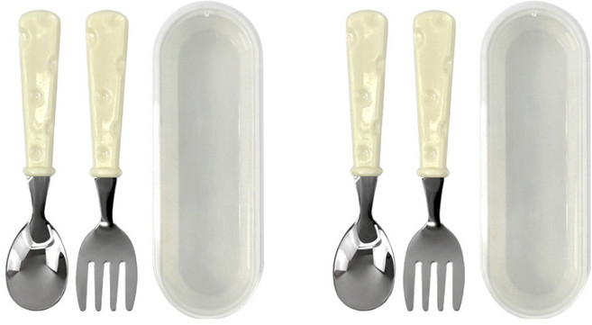 키친유 유아용 컬러 스푼 + 포크 + 케이스 세트, 2세트, 아이보리