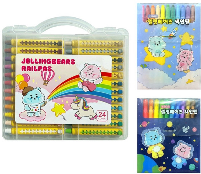 HwaShinMungu Jelly Bearz 蠟筆 色鉛筆 簽字筆組, 24色, 1套