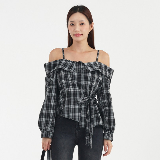 엘쏘 걸리쉬 체크 오프숄더 끈 랩 긴팔 블라우스