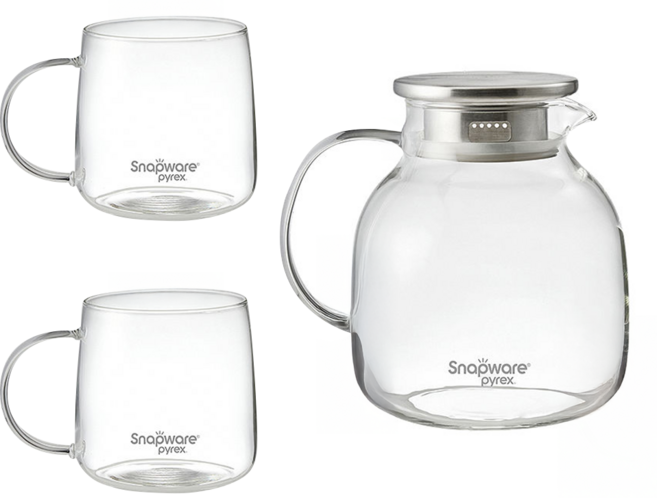 Corelle Brands 康寧餐具 SNAPWARE 耐熱水壺 1550ml + 杯子 500ml 2個, 透明, 1套, 2550ml