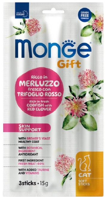 몬지 고양이 기프트 그레인프리 뉴트리션 스틱 스킨 서포트, 15g, 1개, 혼합맛(대구/레드클로버)