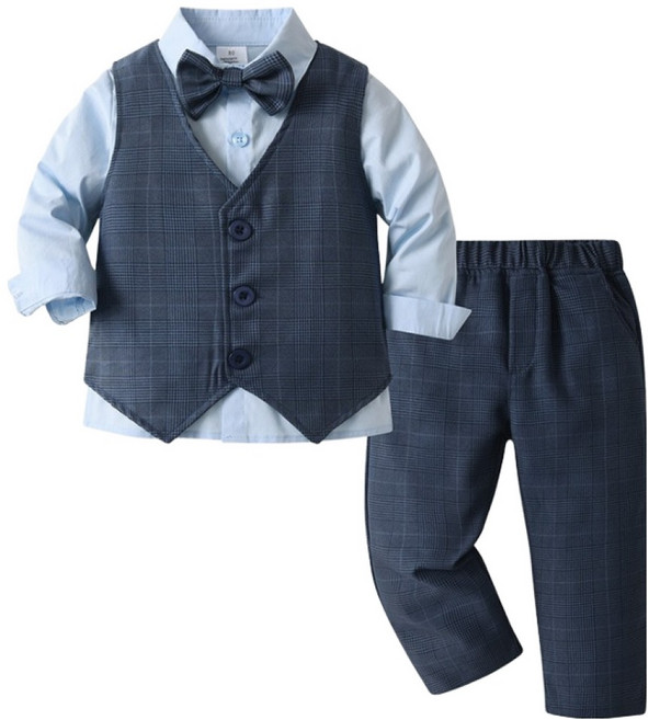 베베몽스토리 블루 셔츠 + 조끼 + 바지 + 나비넥타이 정장세트
