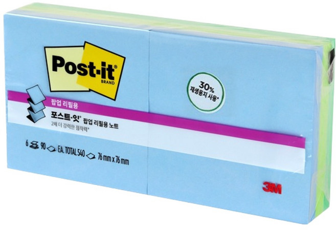 포스트잇 팝업 리필 강한 점착용 76 x 76 mm R330-6SST, 혼합색상, 6개, 90개입