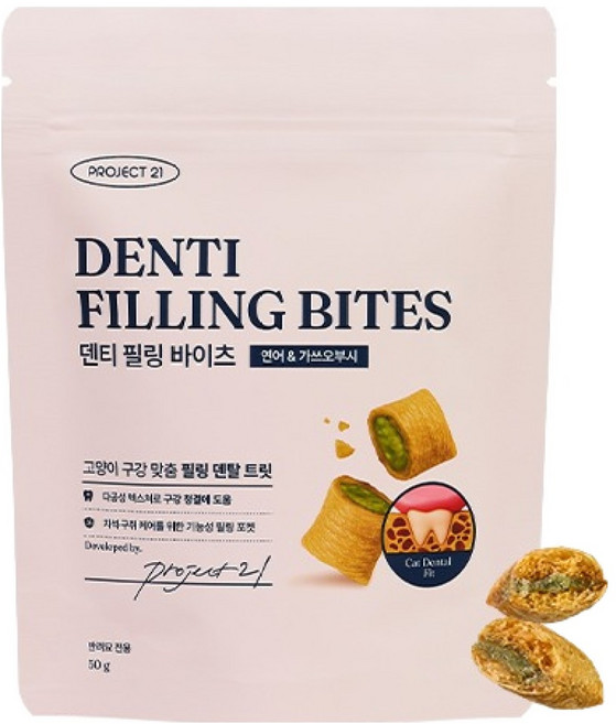 프로젝트21 고양이 덴티 필링 바이츠 이빨과자, 50g, 1개, 혼합맛(연어/가쓰오부시)