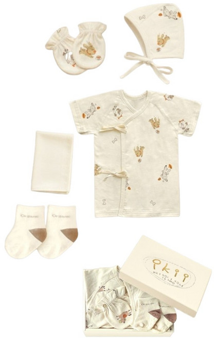 ikii 신생아용 오가닉 강아지 배냇저고리 반소매 5종 출산 세트 + 쇼핑백