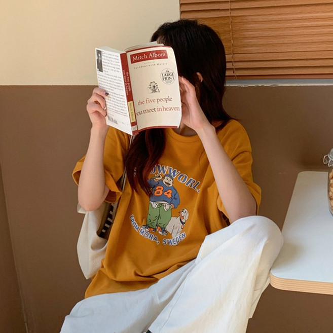 젤루나 여성용 순면 루즈핏 프린팅 반팔 티셔츠 TH-18