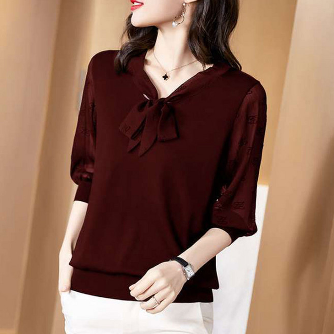 더시럽 여성용 빅사이즈 7부 시스루 퍼프 블라우스