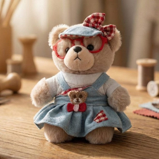 금홍팬시 프레피 무드 안경 곰돌이 인형 키링, 데님캡 체리리본 베어, 1개, 135mm