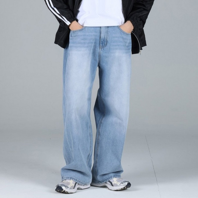 EV CLOSET 男士側邊抓褶水洗寬版牛仔褲 6687-1