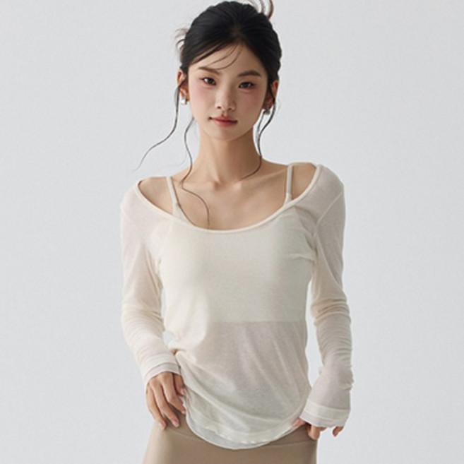 씨오브비 여성용 U넥 시스루 요가 필라테스 긴팔 레이어드 티셔츠