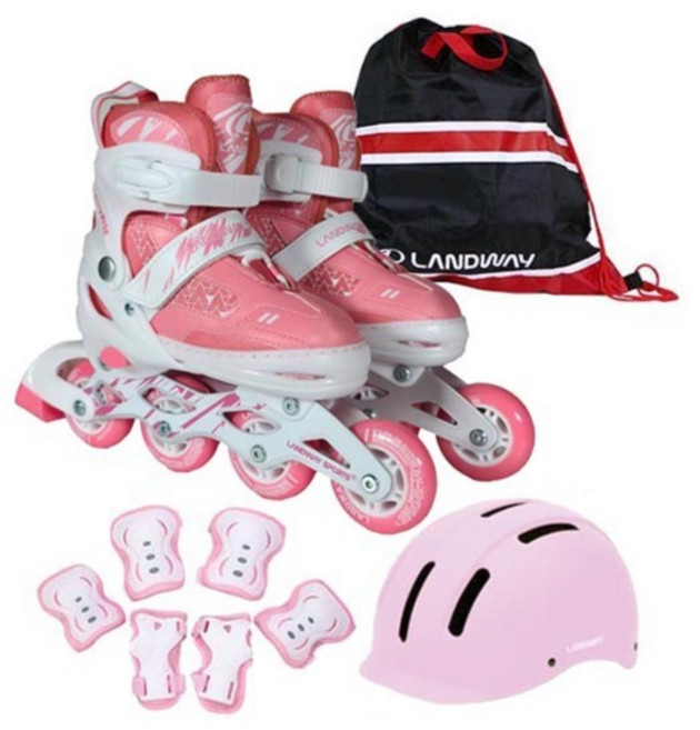 랜드웨이 아동용 레이싱 인라인 스케이트 + 헬멧 + 보호대 + 가방 세트, 인디핑크(스케이트), 핑크(헬멧), 핑크(보호대), 1세트