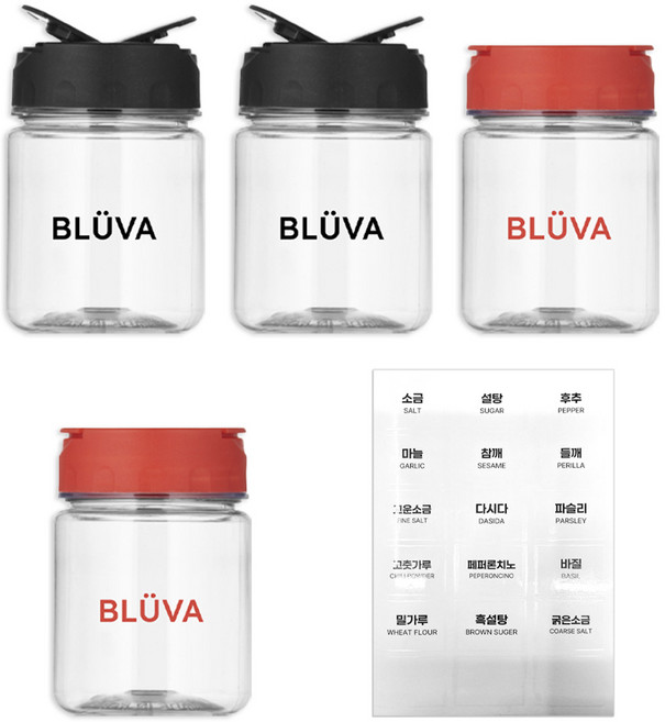 블루바 양념통 블랙 200ml x 2p 레드 200ml x 2p 레터링 스티커 18종, 1개, 양념통 2종, 레터링 스티커 18종