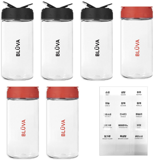 블루바 양념통 블랙 350ml x 3p 레드 350ml x 3p 레터링 스티커 18종, 1개, 양념통 2종, 레터링 스티커 18종