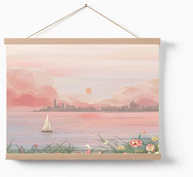 엑스터 심플 풍경화 족자형 전기함 배전함 가리개 가로형, 핑크색 바다풍경