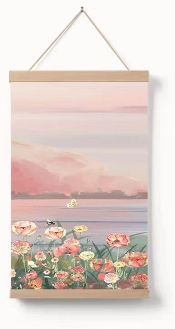 엑스터 심플 풍경화 족자형 전기함 배전함 가리개 세로형, 핑크 꽃