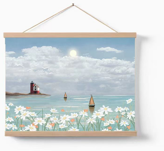 엑스터 심플 풍경화 족자형 전기함 배전함 가리개 가로형, 초록 바다풍경