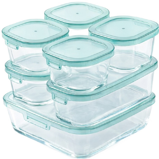 하코야 라쿠라쿠 데일리 내열유리 사각찬통 7p 세트 그린 HA-GLN01, 1세트, 260ml(4p) + 610ml(2p) + 1350ml(1p)