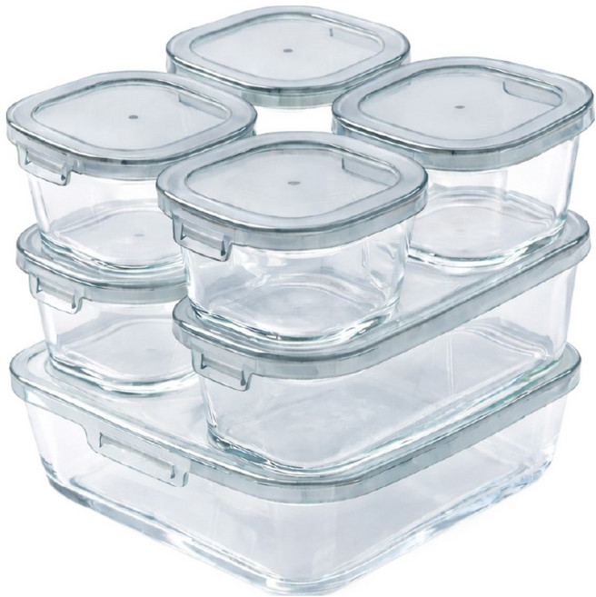 하코야 라쿠라쿠 데일리 내열유리 사각찬통 7p 세트 그레이 HA-GLN02, 260ml(4p) + 610ml(2p) + 1350ml(1p), 1세트