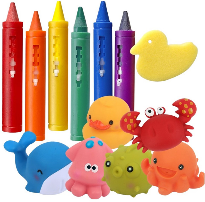 키저스 아쿠아프렌즈 인형 6종 + 목욕크레용 6색 + 오리 지우개 세트, 1세트, 혼합색상
