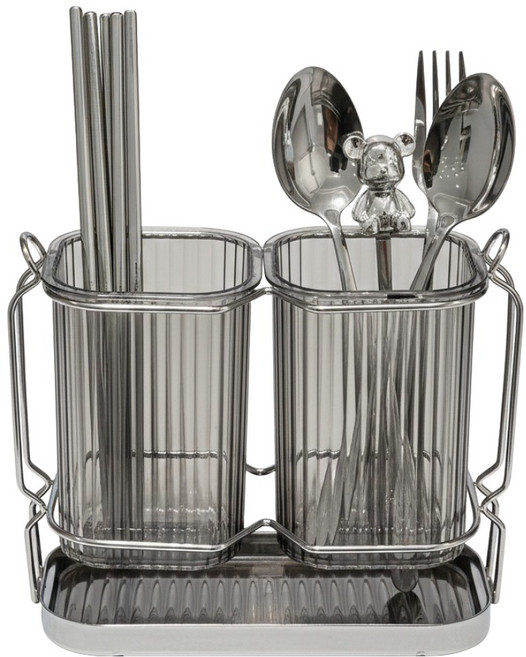 쿠쏘 모던 투명 2구 물빠짐 수저통 21.3 x 16.7 x 8.5 cm, 그레이실버, 1개