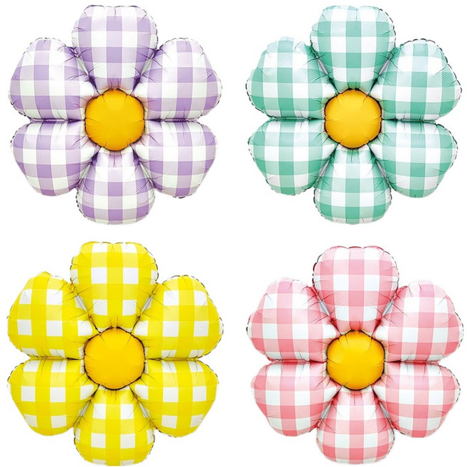 joyparty 格紋雛菊花朵氣球 52 x 52 cm 4件組, 粉紅色, 黃色, 綠色, 薰衣草紫, 1套