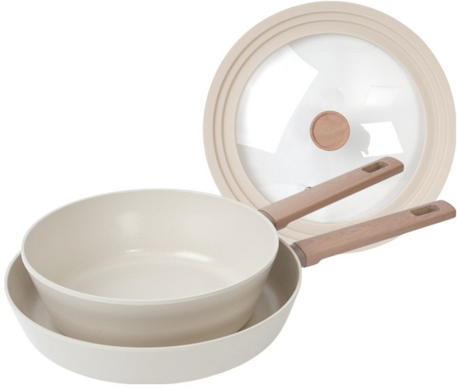 델라고 인덕션 베로 세라믹 코팅 프라이팬 세트 3개, 스톤크림, 1세트, 프라이팬 28cm + 웍팬 24cm + 실리콘멀티커버